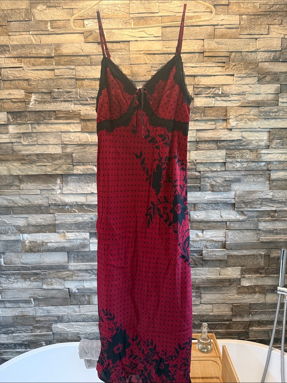 wild fable Red and Black Floral Lace-Trim Slip Dress